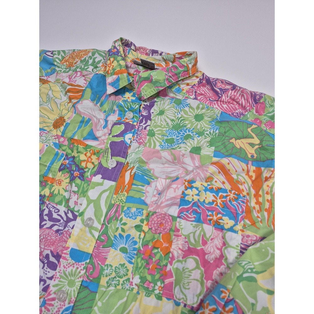 Lilly Pulitzer Shirt Womens M Multicolor Floral Patchwork Button Up Top Blouse - Picture 2 of 11